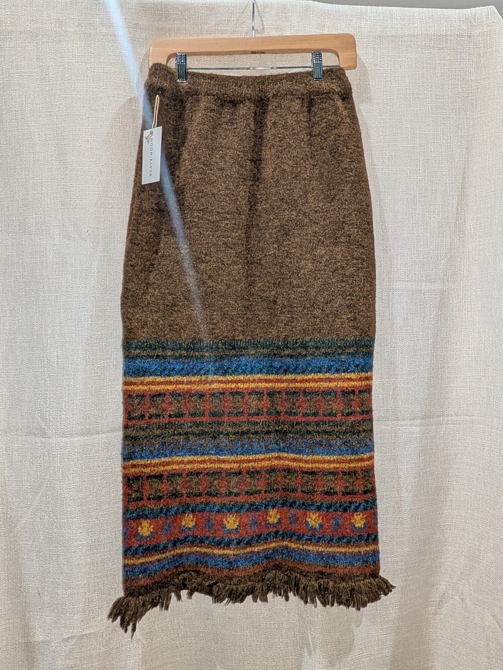 Moon River Brown Wool-Blend Midi Skirt with Multicolor Patterned Hem